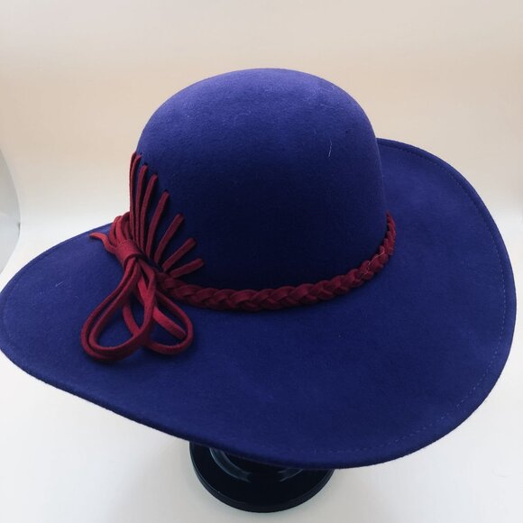 Vintage Royal Purple Wool Wide-Brim Hat – Burgundy Braided Trim & Bow Detail main image 5